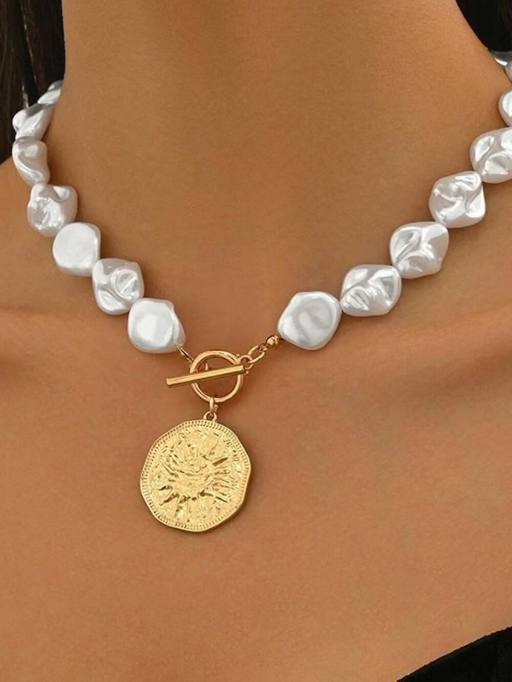 Gold Pearl Beaded Chain Coin Choker Necklace - Picture 2 of 5